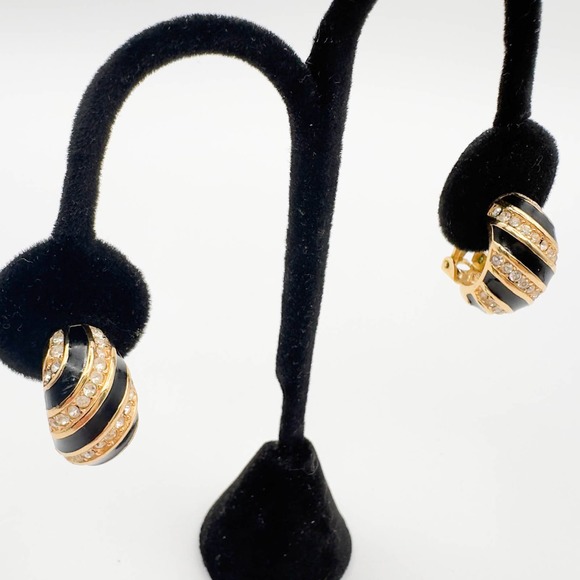 Christian Dior Gold Tone Half Hoop Clip-On Earrings Black Enamel Clear Stones - Picture 9 of 13